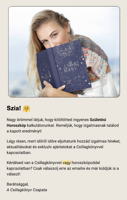 Csillagkonyv welcome email.